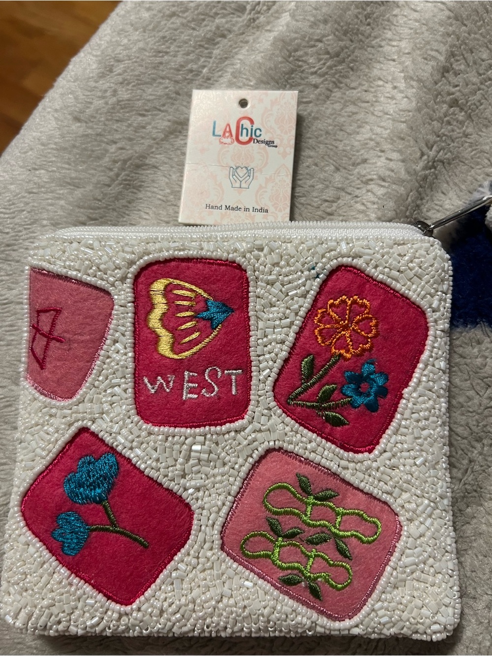 LA Chic White Beaded Embroidered Coin Pouch with Pink Accents